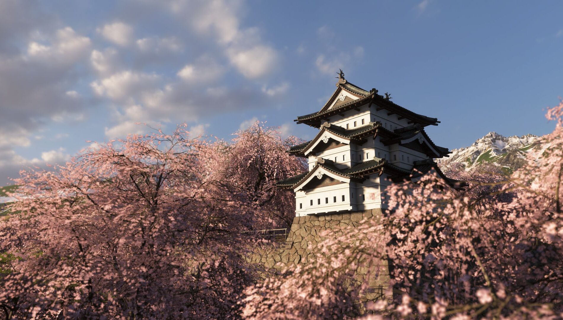 弘前城。桜のピンクと城郭の白黒のコントラスト。桜だけは破壊不可(出典: Xbox Wire Japan)