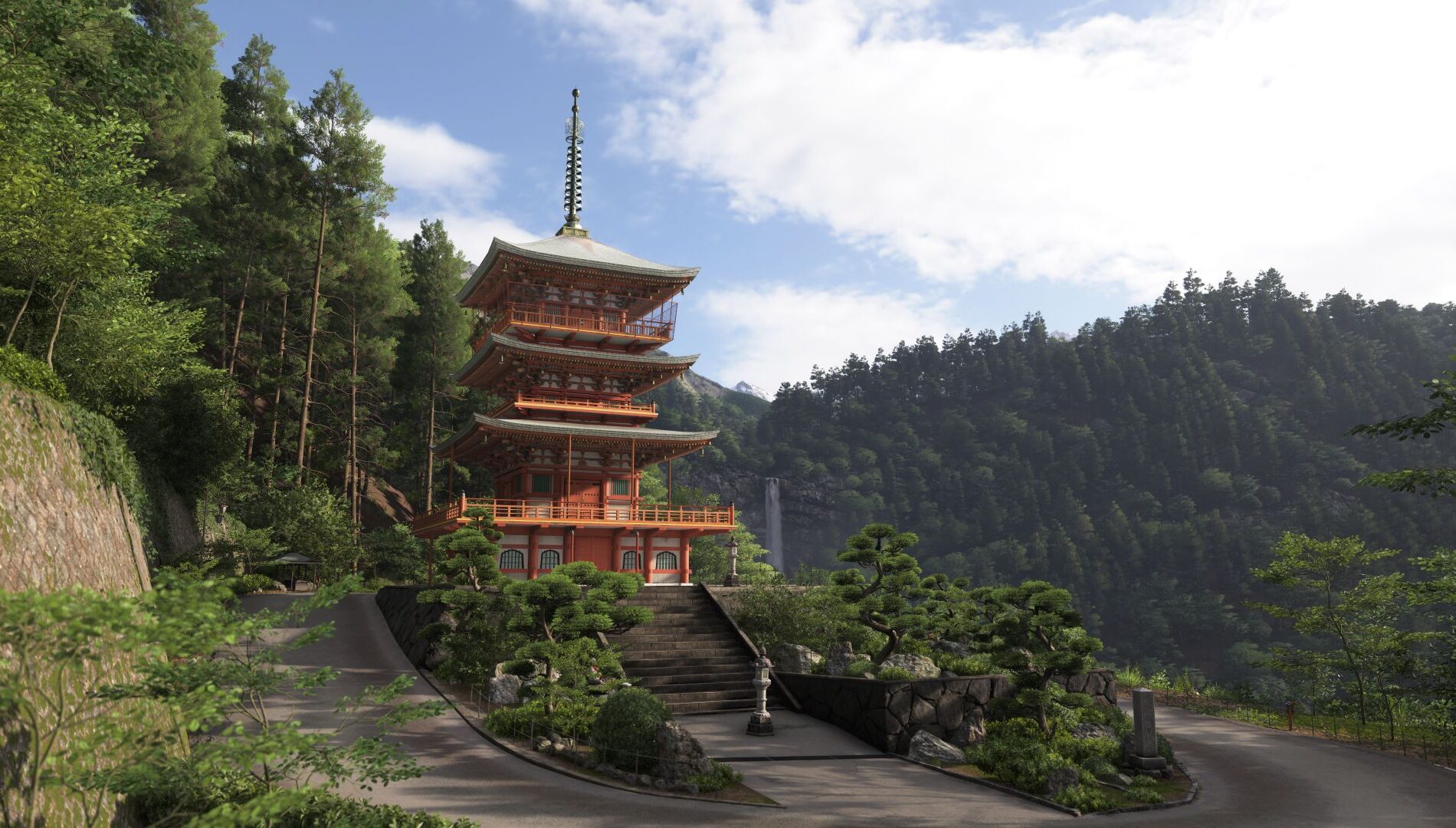 FH6 で再現された那智の滝。背景に熊野那智大社の朱塗りの社殿が見える(出典: Xbox Wire Japan)