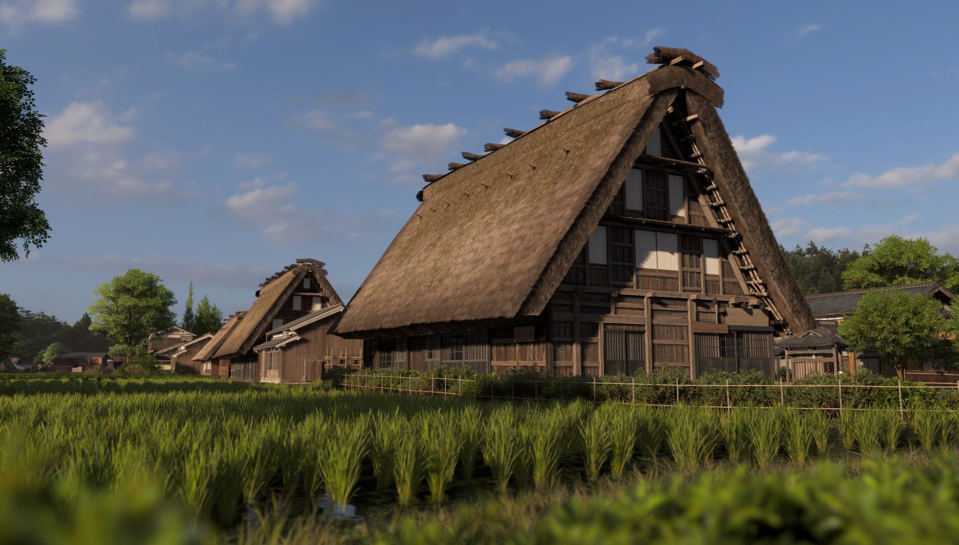 白川郷の合掌造り民家。四季システムで雪景観にも切り替わる(出典: Xbox Wire Japan)